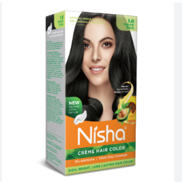 Nisha Creme Hair Color 1.0 Natural Black 10U × 20g + 20ml